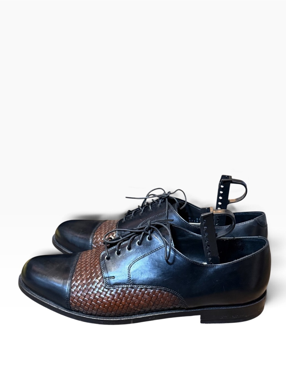 Cole Haan Men’s Black Leather Oxfords with Brown Woven Design Lace Up Size 11D